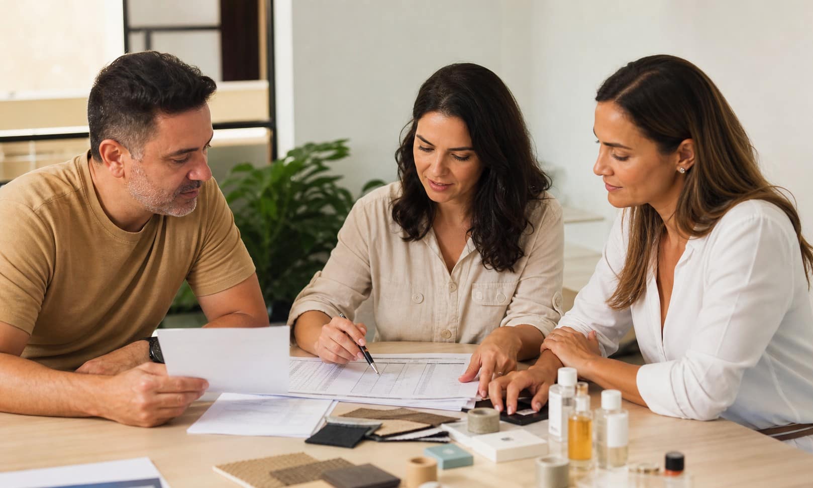 Pequena equipe revisando pedidos, custos e amostras de produtos em uma mesa de trabalho