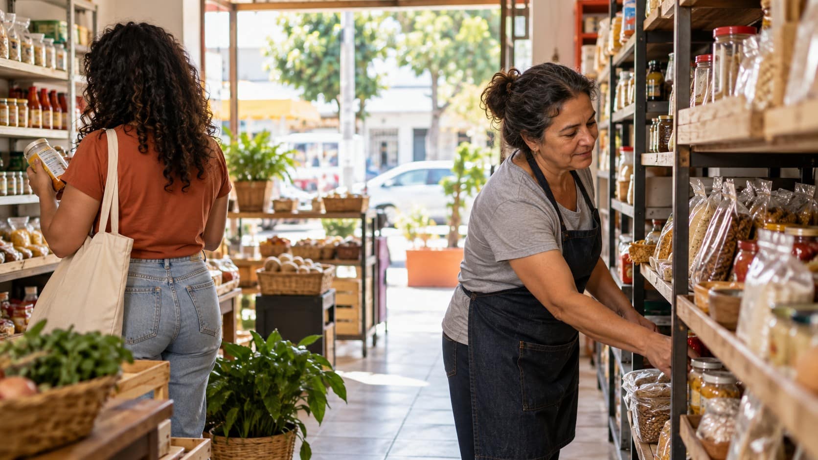 Proprietária observa escolha de cliente em pequena loja de bairro brasileira