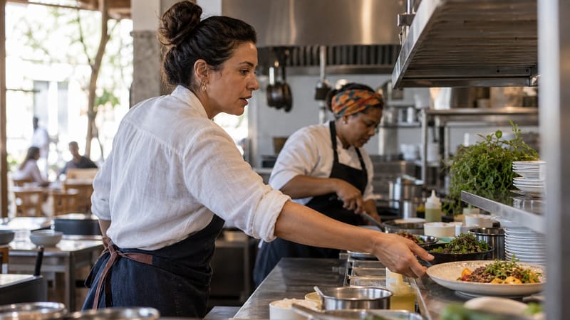 Proprietária de pequeno restaurante brasileiro acompanhando a montagem de pratos no passe durante o serviço de almoço