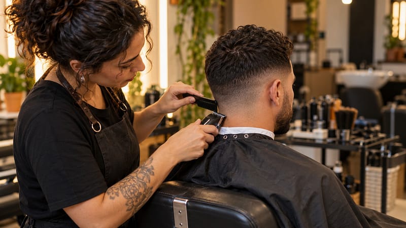 Cabeleireira finaliza o corte de um cliente em um salão